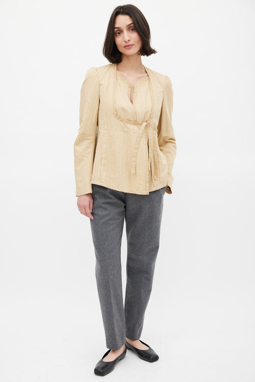 Dries Van Noten Beige Cotton & Linen Striped Tie Front Top