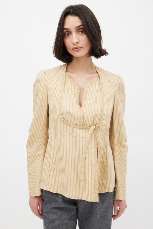 Dries Van Noten Beige Cotton & Linen Striped Tie Front Top