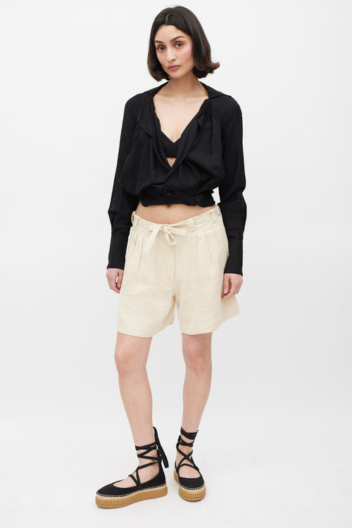Dries Van Noten Beige Linen Cotton & Silk Textured Tie Waist Shorts