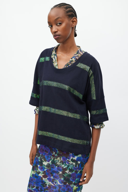 Dries Van Noten Black & Green Metallic Striped T-Shirt