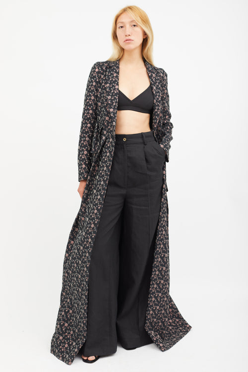 Dries Van Noten Black & Multicolour Print Jacquard Belted Coat