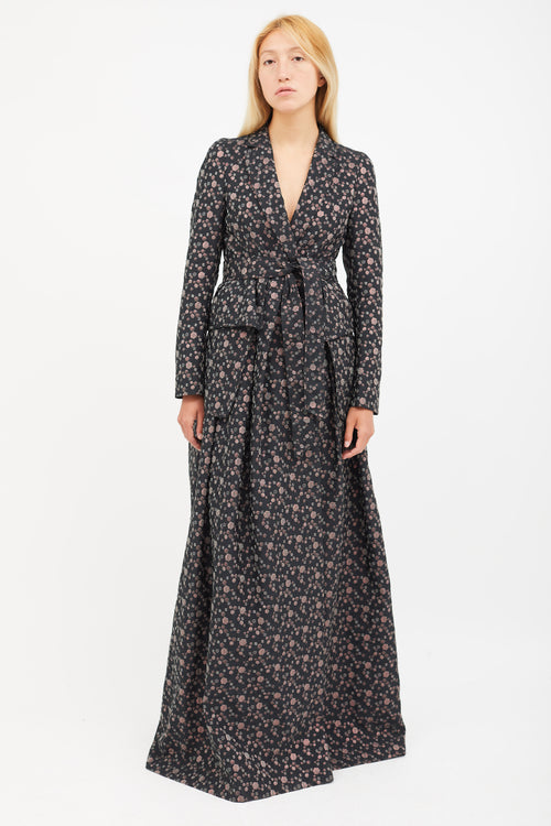 Dries Van Noten Black & Multicolour Print Jacquard Belted Coat