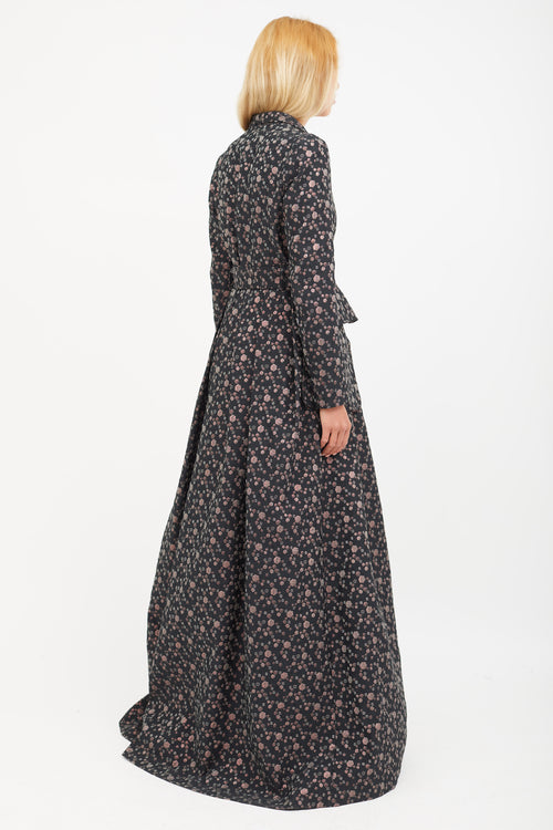 Dries Van Noten Black & Multicolour Print Jacquard Belted Coat
