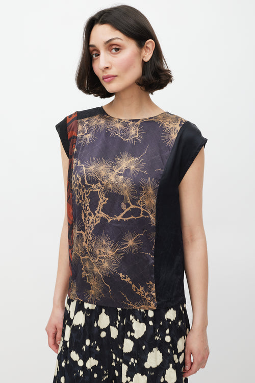 Dries Van Noten Black & Multicolour Silk Printed Panelled Top