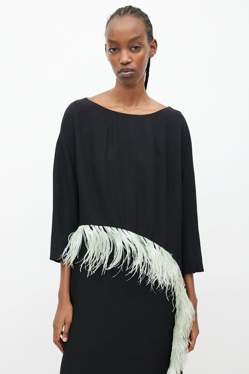 Dries Van Noten Black & Teal Cady Feather Dress