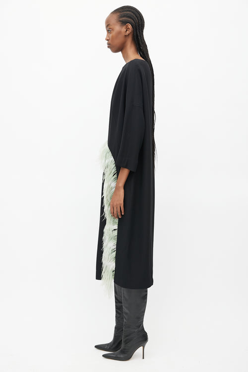 Dries Van Noten Black & Teal Cady Feather Dress