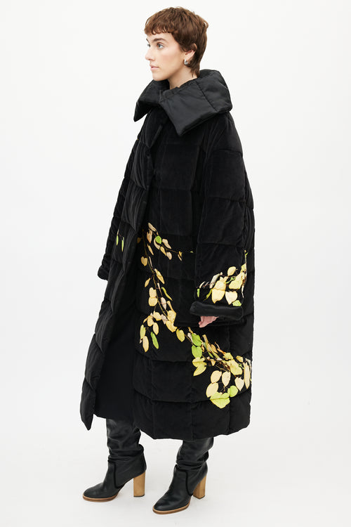 Dries Van Noten Black & Yellow Floral Velour Puffer Jacket