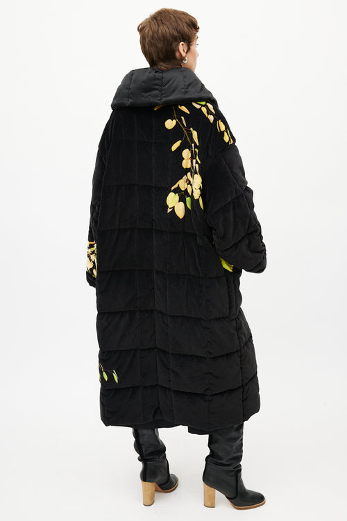 Dries Van Noten Black & Yellow Floral Velour Puffer Jacket