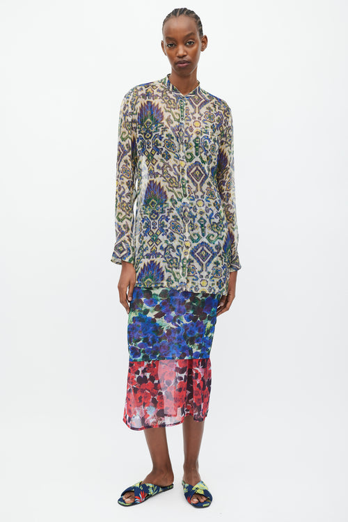 Dries Van Noten SS 2015 Blue & Green Sheer Silk Geometric Print Blouse