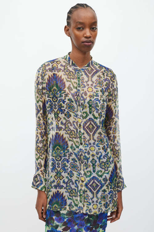 Dries Van Noten SS 2015 Blue & Green Sheer Silk Geometric Print Blouse