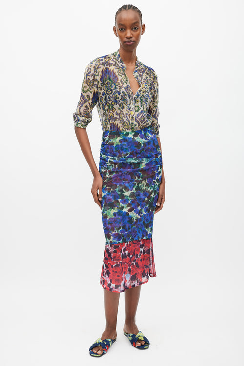 Dries Van Noten Blue & Red Floral Mesh Ruched Midi Skirt
