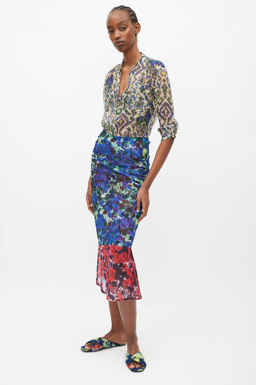 Dries Van Noten Blue & Red Floral Mesh Ruched Midi Skirt