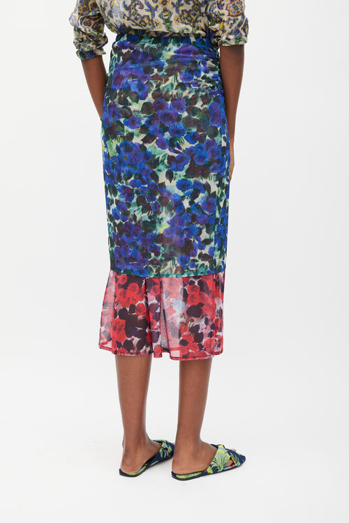 Dries Van Noten Blue & Red Floral Mesh Ruched Midi Skirt