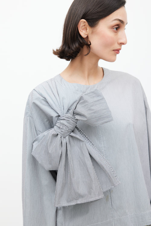 Dries Van Noten Blue & White Pinstripe Bow Front Top
