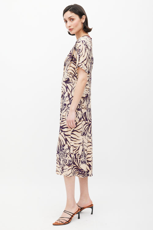 Dries Van Noten Cream & Purple Stripe Printed Dress