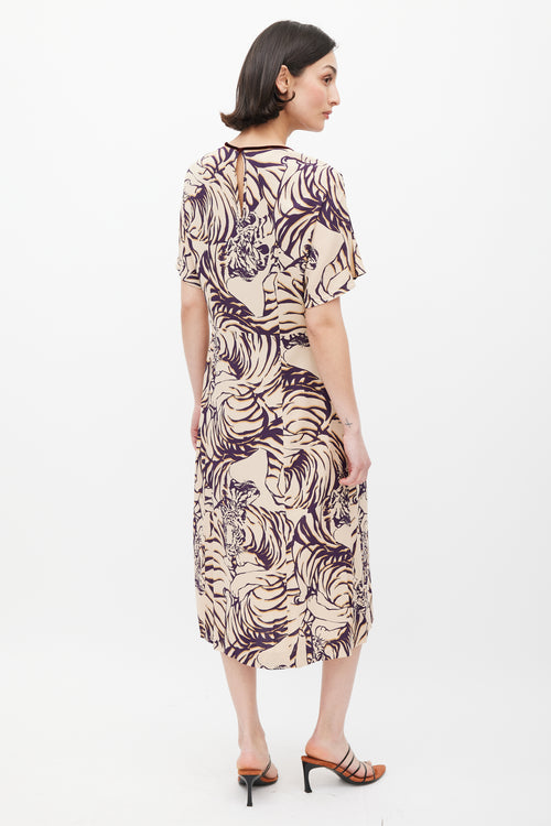 Dries Van Noten Cream & Purple Stripe Printed Dress
