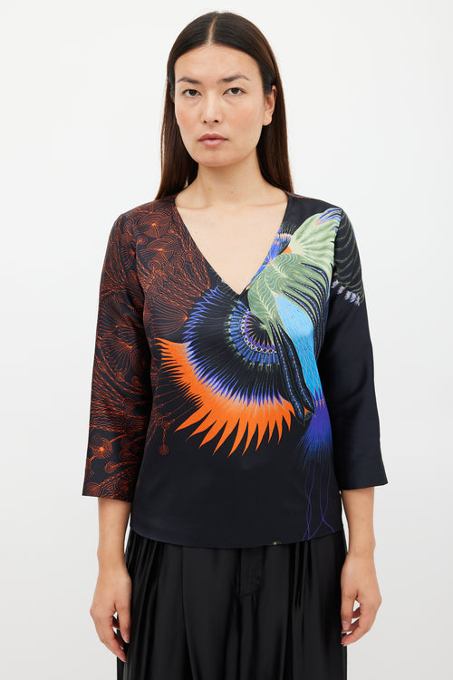 Dries Van Noten FW 2019 Black & Multicolour Printed V-Neck Top