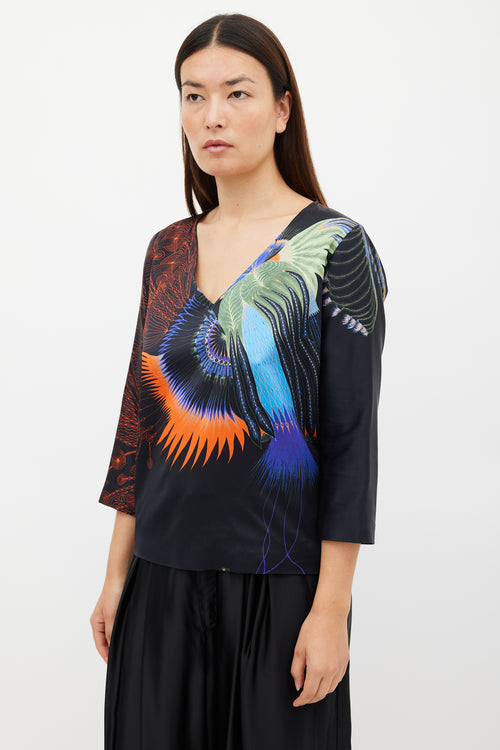 Dries Van Noten FW 2019 Black & Multicolour Printed V-Neck Top