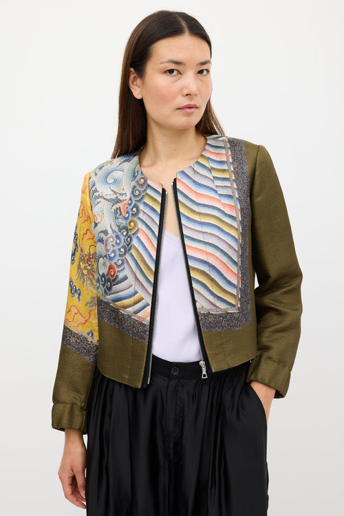 Dries Van Noten Fall 2012 Green & Multi Silk Print Zip Jacket