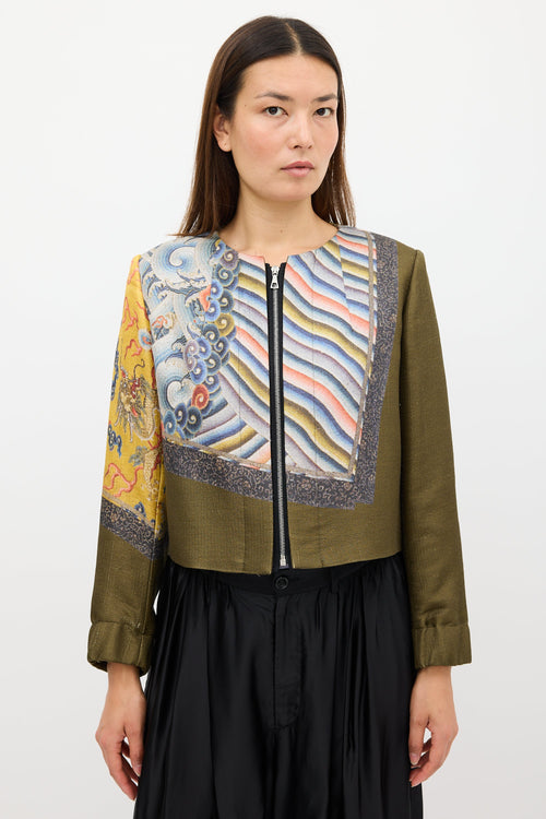 Dries Van Noten Fall 2012 Green & Multi Silk Print Zip Jacket