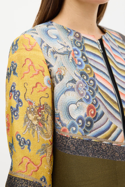 Dries Van Noten Fall 2012 Green & Multi Silk Print Zip Jacket