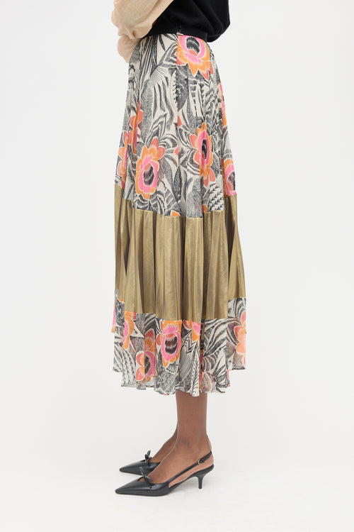 Dries Van Noten Floral & Metallic Pleated Skirt