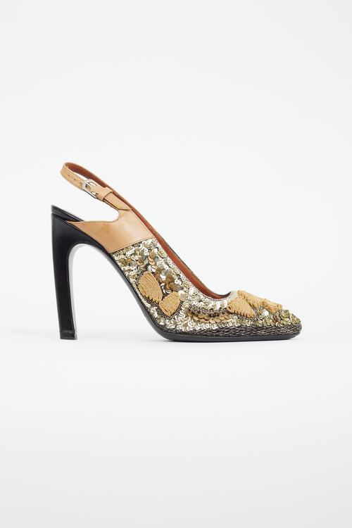 Dries Van Noten Gold & Black Embroidered Slingback Heel