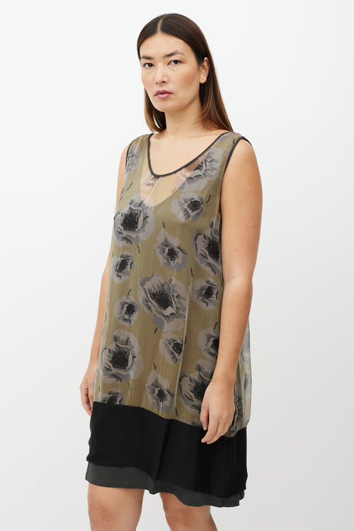 Dries Van Noten Green & Pink Rose Layer Dress