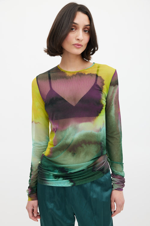 Dries Van Noten Green & Multicolour Mesh Watercolour Printed Top