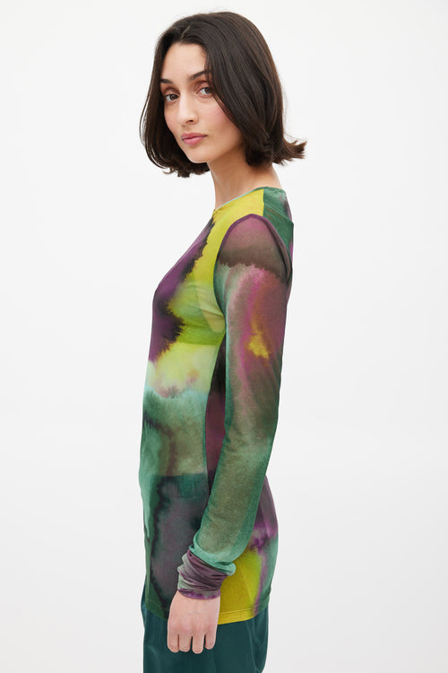 Dries Van Noten Green & Multicolour Mesh Watercolour Printed Top