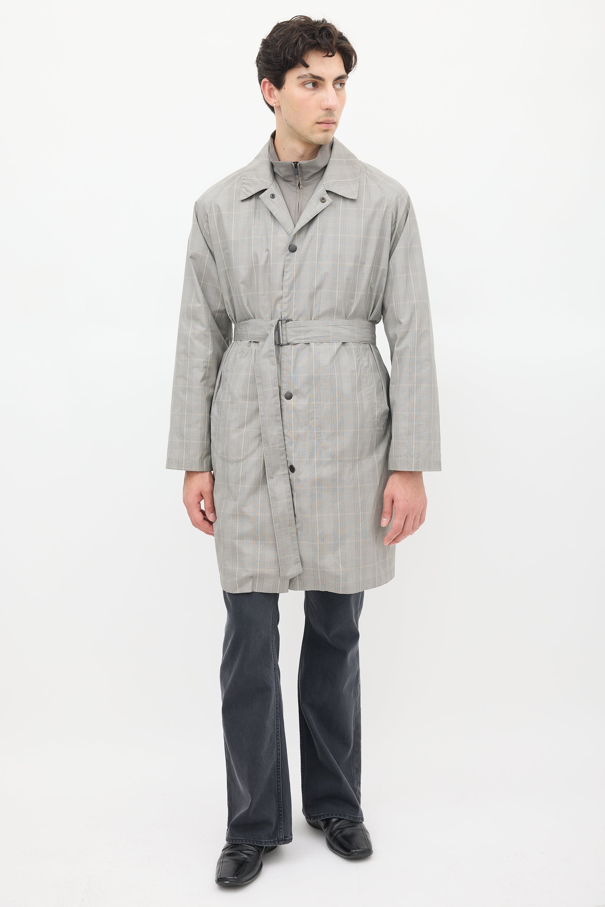 Dries Van Noten Grey Cotton Check Belted Coat