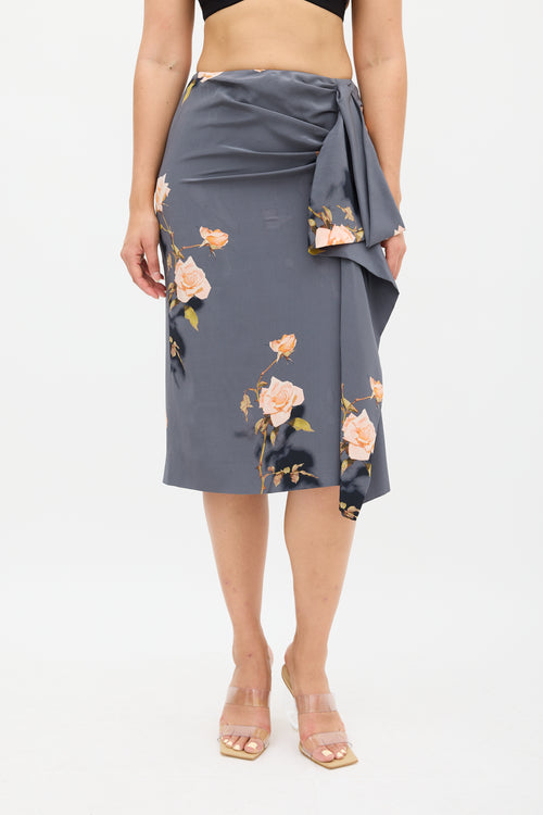 Dries Van Noten Grey & Multi Silk Floral Skirt