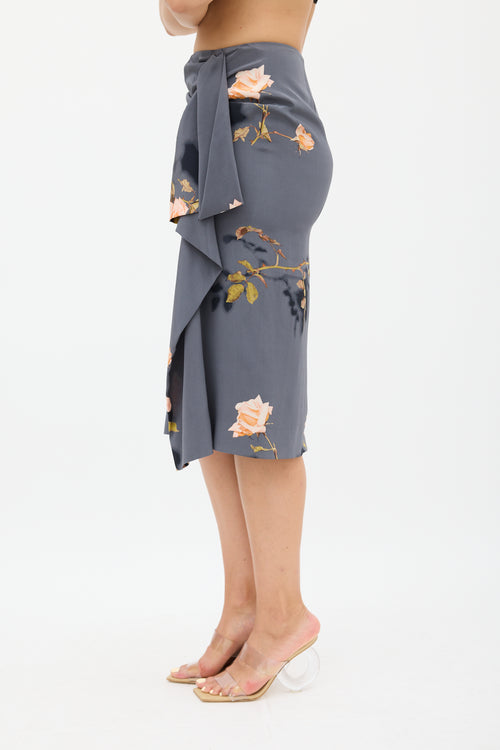Dries Van Noten Grey & Multi Silk Floral Skirt
