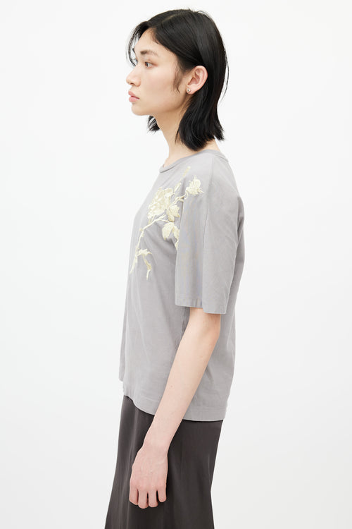 Dries Van Noten Grey & Yellow Floral Embroidered T-Shirt