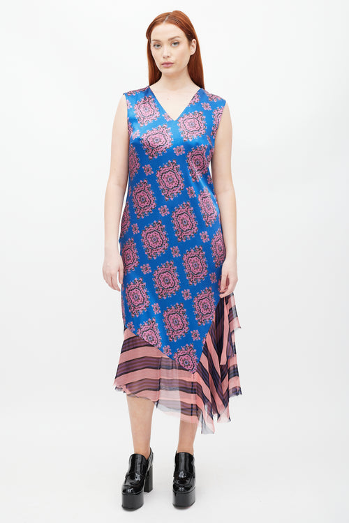Dries Van Noten SS 2015 Blue & Pink Patterned Silk Dress