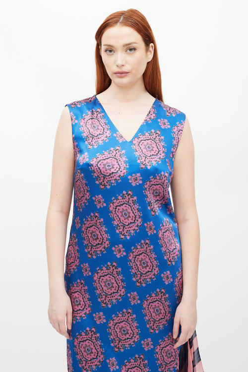 Dries Van Noten SS 2015 Blue & Pink Patterned Silk Dress