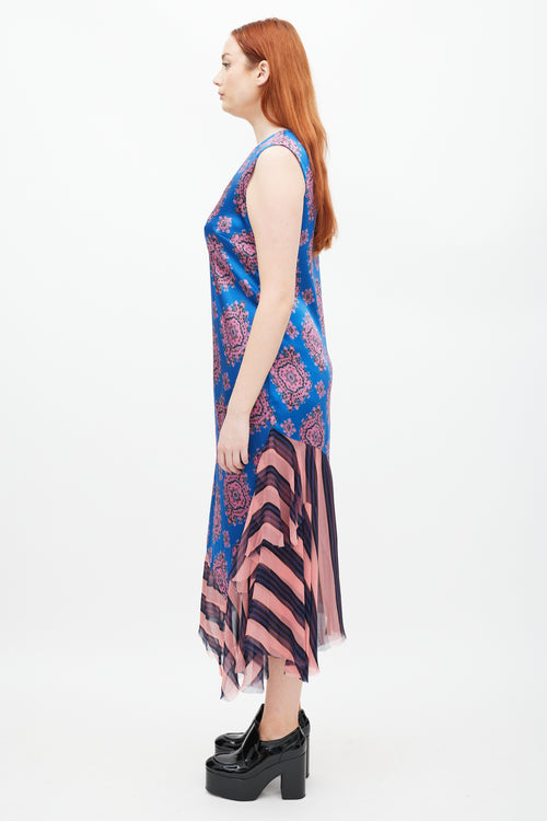 Dries Van Noten SS 2015 Blue & Pink Patterned Silk Dress