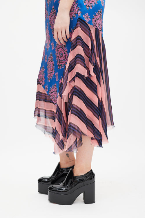 Dries Van Noten SS 2015 Blue & Pink Patterned Silk Dress
