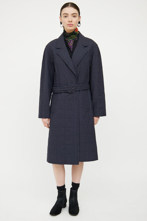 Dries Van Noten Navy Quilted Belted Coat