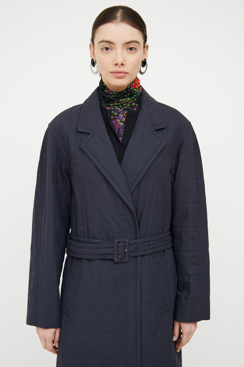 Dries Van Noten Navy Quilted Belted Coat