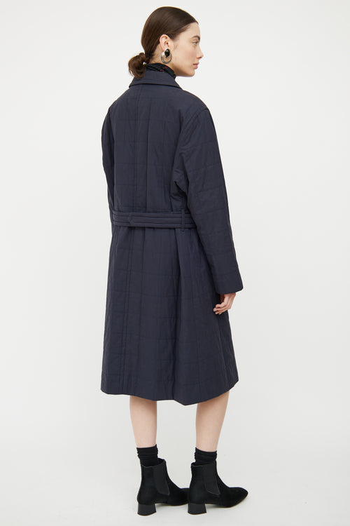 Dries Van Noten Navy Quilted Belted Coat