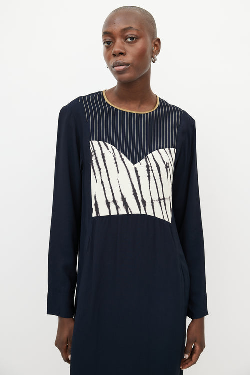 Dries Van Noten Navy & White Print Shift Dress