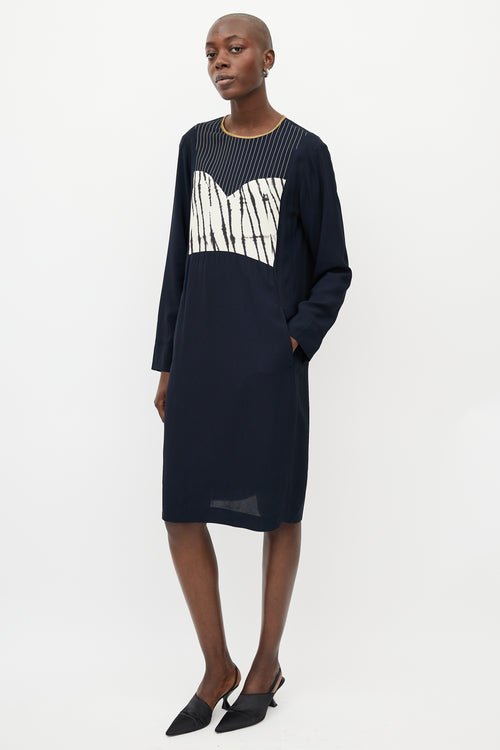 Dries Van Noten Navy & White Print Shift Dress
