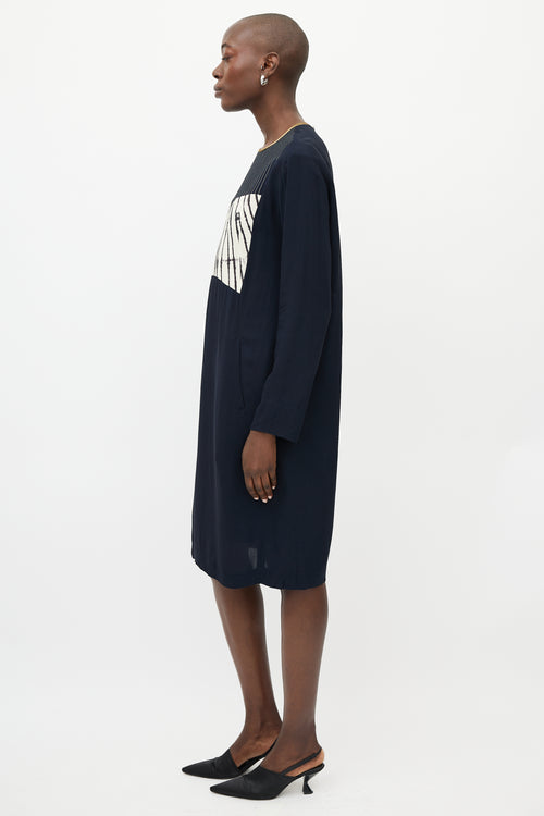 Dries Van Noten Navy & White Print Shift Dress