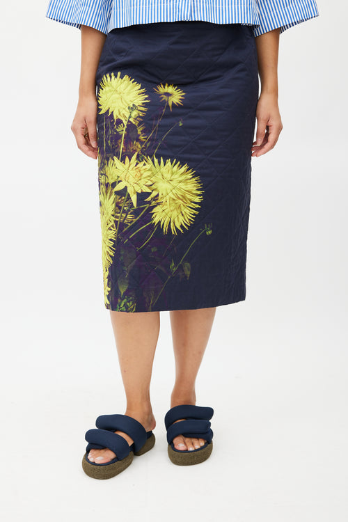 Dries Van Noten Navy & Yellow Floral Quilted Skirt