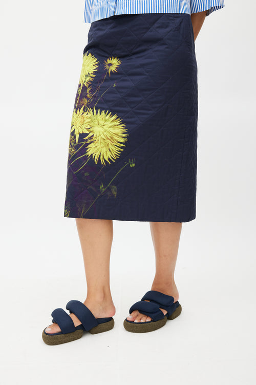 Dries Van Noten Navy & Yellow Floral Quilted Skirt