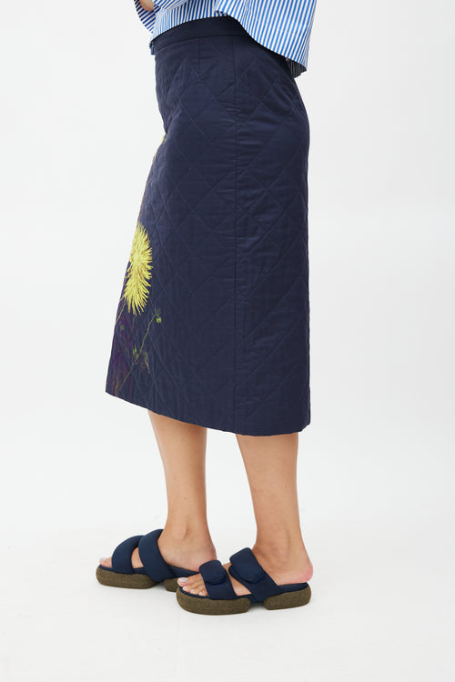 Dries Van Noten Navy & Yellow Floral Quilted Skirt