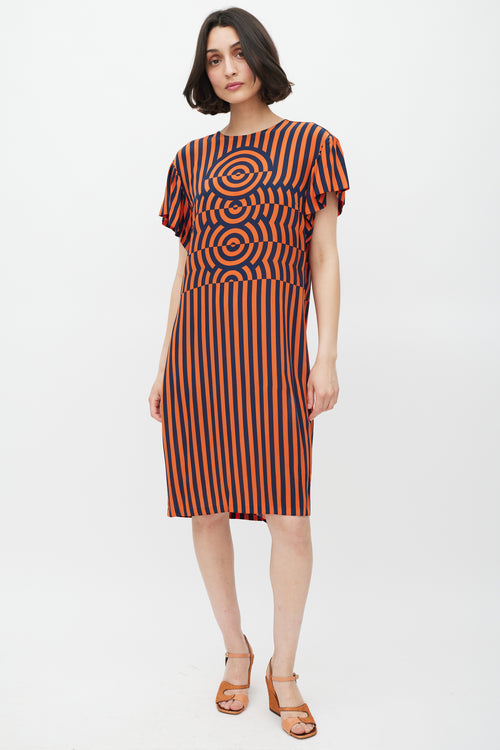 Dries Van Noten Orange & Navy Silk Geometric Striped Dress