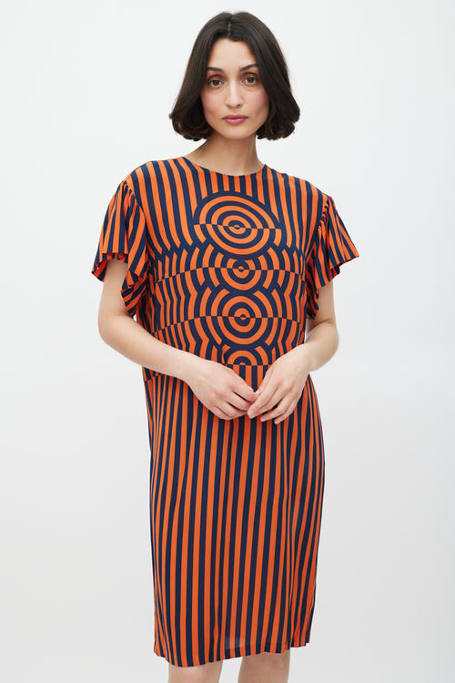 Dries Van Noten Orange & Navy Silk Geometric Striped Dress