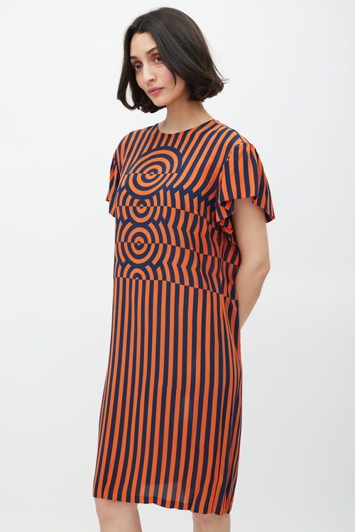 Dries Van Noten Orange & Navy Silk Geometric Striped Dress